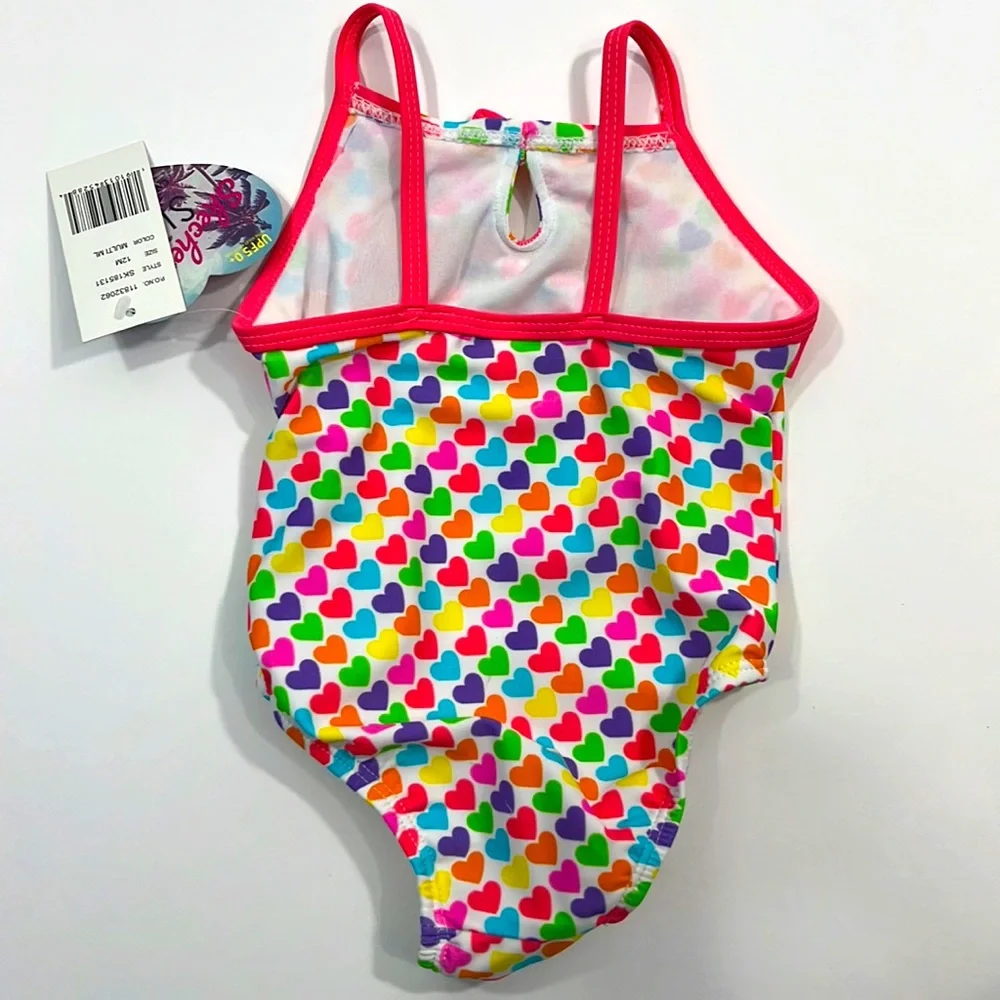 Skechers Girls' One Piece Swimsuits MULTI - Pink & Green Hearts Ruffle 12 Months